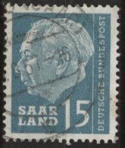 Saar 271 (used, adhesion) 15(fr) Theodor Heuss, lt blue grn (1957)
