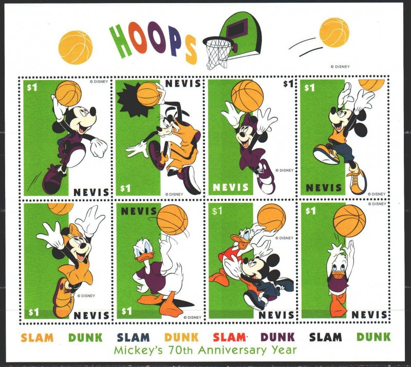 Nevis. 1998. Small sheet 1305-12. Basketball, animation, disney. MNH.