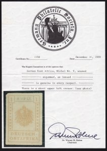 GERMAN EAST AFRICA 1916 Wuga Provisional 1R PHOTO CERTIFICATE 
