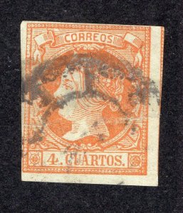 Spain 1860 4c orange on green Isabella II, Scott 50 used, value = 80c
