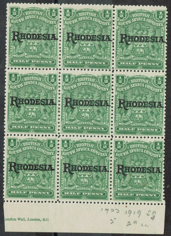 RHODESIA 1909 ARMS OVERPRINTED 1/2D MNH ** BLOCK