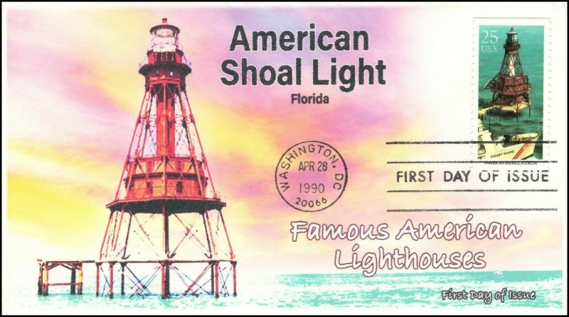 AO-2473-1,1990, Famous American Lighthouses, FDC, Add-on Cachet, American Shoals