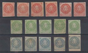 ARGENTINA 1862 COAT OF ARMS Sc 5-7 (16x) FULL SET LANGE FORGERIES WORN IMPRESSN. 