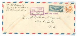 US C24 1940 30c Flying Globe paid the 30c registration fee for indemnity under $100 on a 6c airmail envelope sent between Oreg