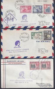 FIJI 1941 THREE FIRST FLIGHT COVERS SUVA TO US VARIOUS CANCELS & MARKINGS