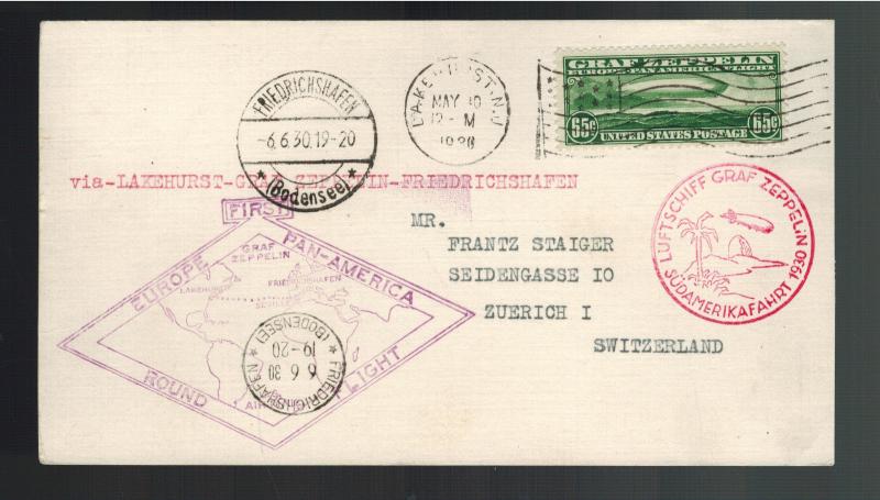 1930 USA Graf Zeppelin postcard cover Around the World to Switzerland # C13