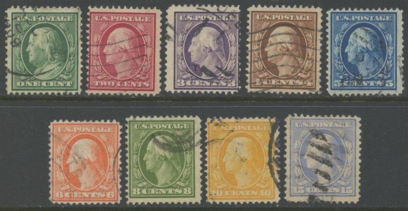 US Sc#331-338, 340 1908-9 1-10, 15c Double Line Wmk 191 F-VF Sound Used