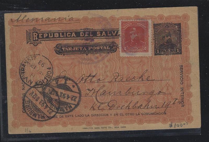EL SALVADOR  (P2504B)  1893 PSC 1C+2C VIA NY TO GERMANY