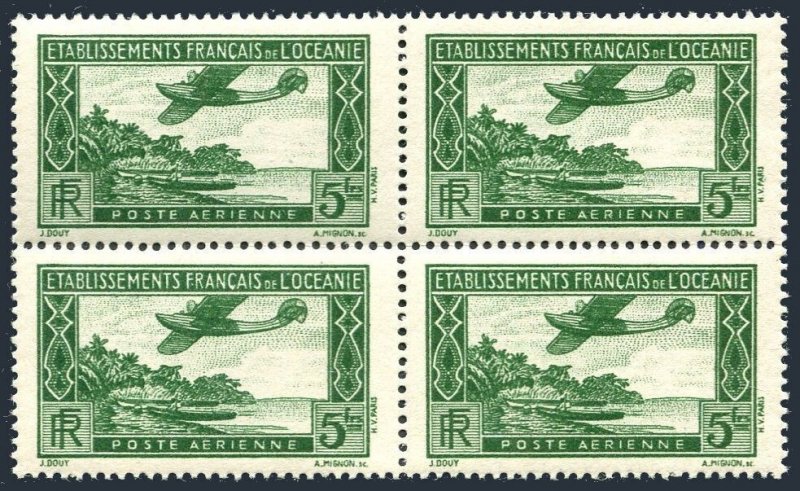 Fr Polynesia C1 block/4, MNH. Michel 126 Oceania. Seaplane in flight, boat.1934.