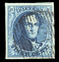 Belgium #4 Cat$62.50, 1850 20c blue, used, part of adjoining stamp at top