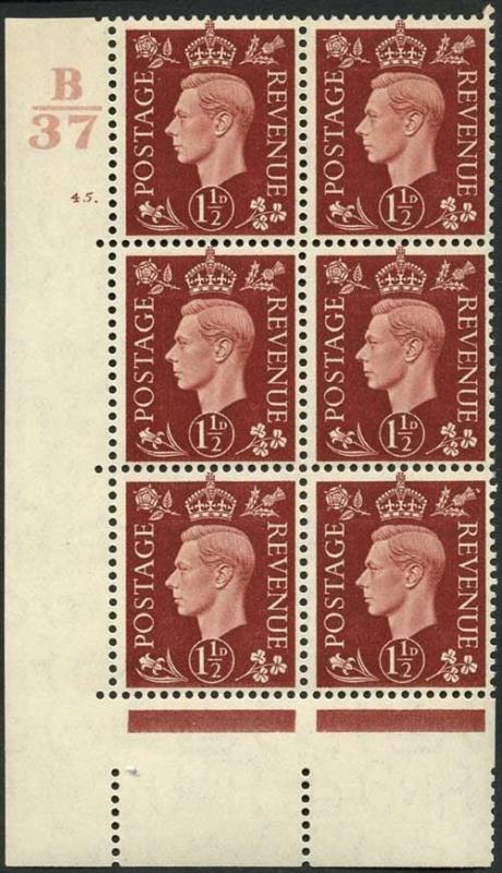 KGVI 1 1/2d Red-brown With Marginal Rule Cylinder B37 45 Dot (E/I) U/M