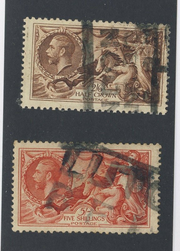 2x Great Britain Used Seahorse Stamps #179-2Sh6p & #180-5 Sh GV = $140.00 US $