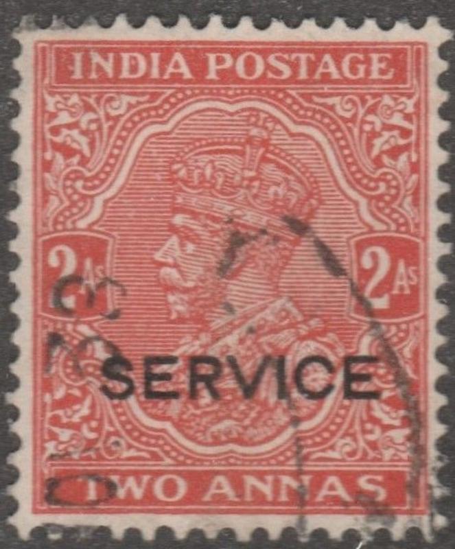 India stamp, Scott# O81, used, Two Annas, Vermillion color,  SERVICE, #M0111