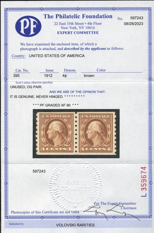 Scott #395 - $440.00 – XF-OG-NH – GEM coil pair. With 2023 PF cert. graded XF-90