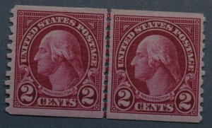 United States #599 OG PH XF 2 Cent Washington Coil Line Pair Hinge Scar