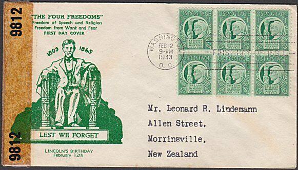 USA 1943 censor FDC to New Zealand - 1c The 4 Freedoms....................57720