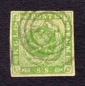 Denmark 1857 8s Yellow Green Dotted Spandrels #5a Facit 5a VF Used with NIC 52