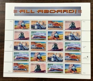 3333-3337 Trains All Aboard  20 MNH Sheet of 20 FV $6.00 issued 1999