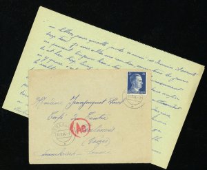 Germany Deurling Cover w Letter to France 1944 Censor Postmark WWII Europe