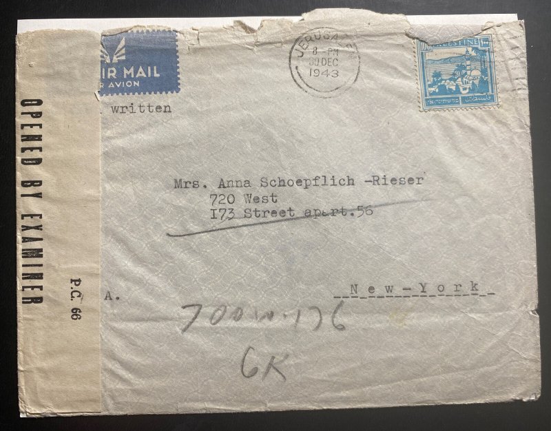 1943 Jerusalem Palestine Airmail Censored Cover To New York City USA 