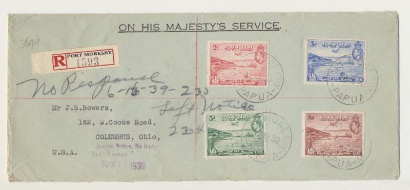 PAPUA -USA 1939 REG. OHMS COVER WITH 1sh6d AIRS, SECOND NOTICECACHET(SEE BELOW