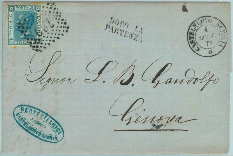 96984 - REGNO - STORIA POSTALE - Annullo numerale BUSTA da CASTELNUOVO Scri 1871