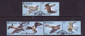 Gibraltar-Sc#851-3-used set-Birds-Fighter Planes-Raptors-2000-small hinge remnan