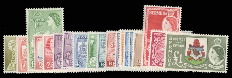 Bermuda #143-162 Cat$110.04, 1953-58 QEII, complete set, very lightly hinged