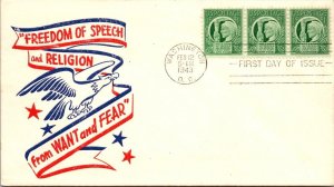 FDC 1943 SC #908 Freedom of Speech & Religion - DC Cancel - Strip of 3 - F60333