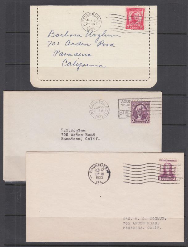 US Sc 690, 720, 726 FDCs, 1931-33 issues, 3 different, no cachets