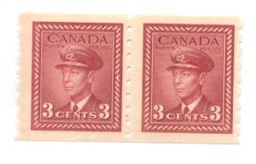 Canada Sc  265 3 c dark carmine G VI coil stamp pair mint NH