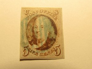 USA Stamp Scott #1 VF/XF USED BLUE CANCEL WITH 4 MARGINS,