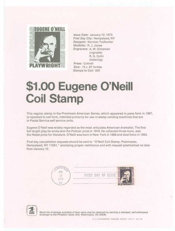 US SP297/1305c 1973 $1 Eugene O'Neill Coil Stamp, Prominent American Series, on an Official USPS Souv. Page FDC, #1305c ...