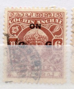 India Cochin 1938-44 Early Issue used Shade of 6p. Optd NW-16057