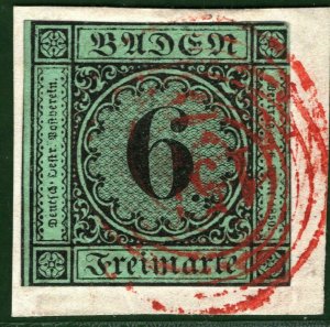 Germany BADEN 1851 6kr RED *154* Walldurn Numeral Piece Scott.3var ORANGE349 