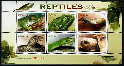 HERRICKSTAMP NEW ISSUES BENIN Reptiles Stamp Sheetlet of 6 Different