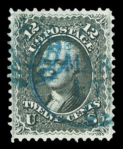 Scott 97 1867 12c Black Washington F Grill Issue Used VF Blue Cancels Cat $260