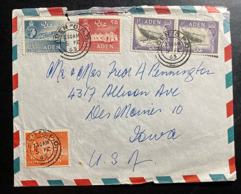 1963 Aden Airmail Commercial Cover To Des Moines IA Usa