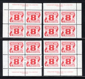 J34iii, Scott, 8c, HB, DEX, MNHOG, matched plate block of 4, Canada