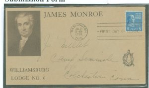 US 810 1938 5c James Monroe, Part of the Presidential / Prexy Series, on an addressed FDC with a Masonic Cachet