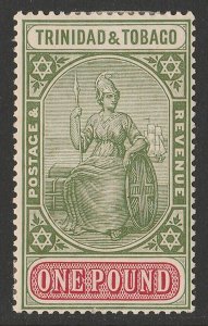 TRINIDAD AND TOBAGO 1921 Britannia £1 green & carmine, wmk script.