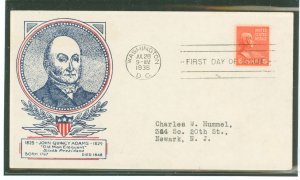 US 811 1938 6c John Quincy Adams (presidential/prexy series) single on an addressed first day cover with a WSE/Clifford cachet.