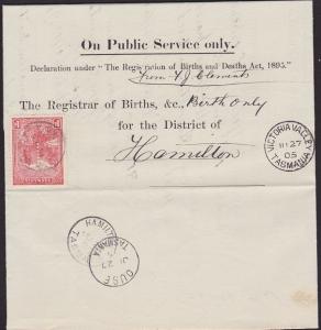 TASMANIA 1905 Birth notice VICTORIA VALLEY cds to Hamilton T perfin 1d......5699