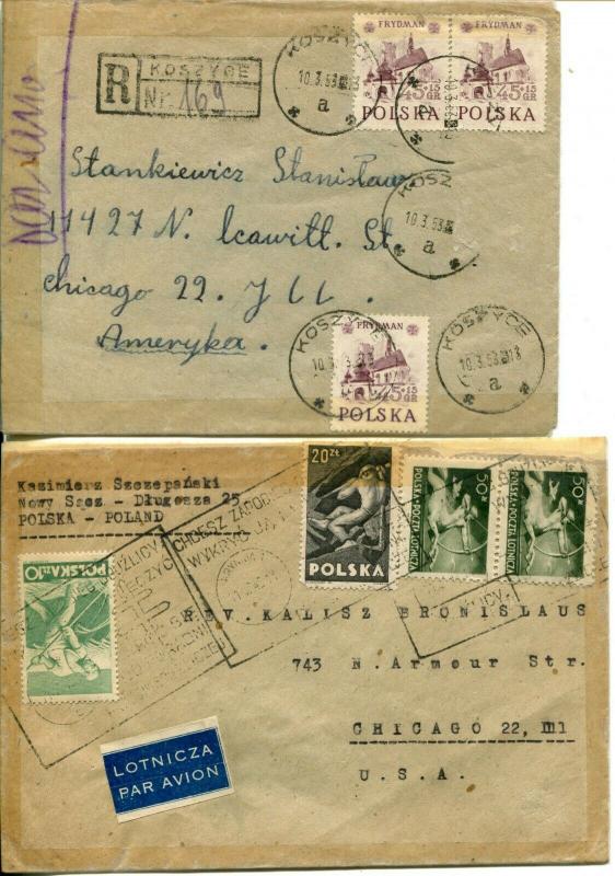 4 Poland to USA Registered Airmail Postage Cover Stamp Collection