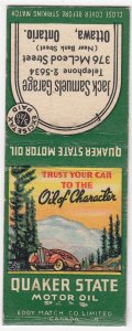 Canada Revenue 1/5¢ Excise Tax Matchbook QUAKER STATE MOTOR OIL Ottawa