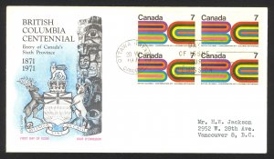 Canada Sc# 552 (Cole Covers) FDC block (d) 1971 07.20 BC 100th