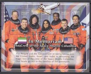 Sierra Leone, Scott cat. 2595. Columbia Space Shuttle Disaster s/sheet.