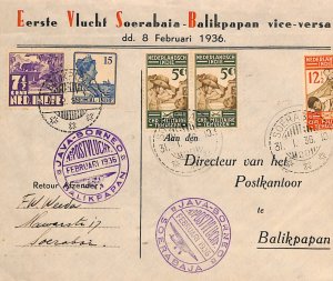 DUTCH EAST INDIES Air 1936 Cover FIRST FLIGHT JAVA-*BORNEO* Balikpapan WF100