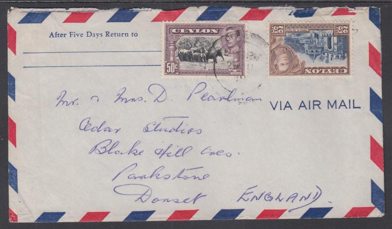 Ceylon Sc 284, 286 on 1949 Air Mail Cover to England