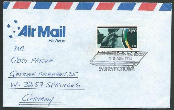 AUSTRALIA 1992 cover to Germany - nice franking - Sydney pictorial pmk.....12824